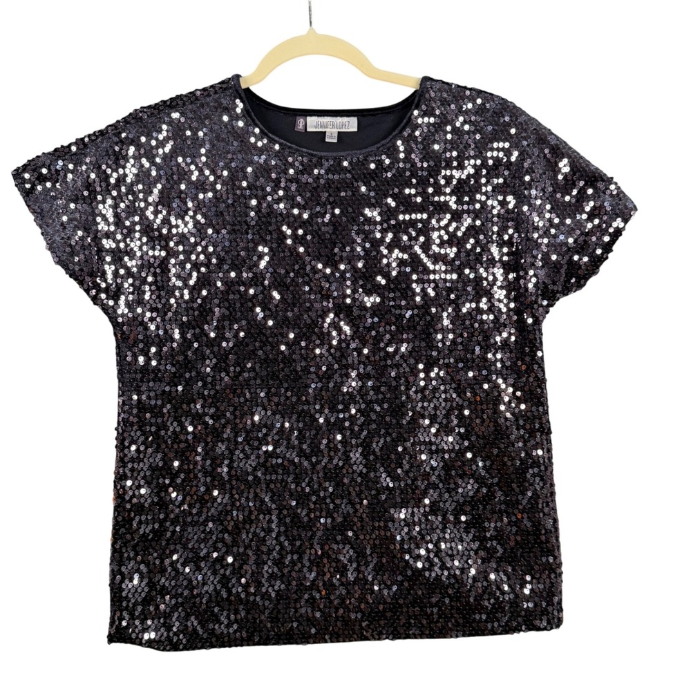 Jennifer Lopez S Womens Sequin Short Sleeve JLo Top Crew Neck Glam Shimmer Party